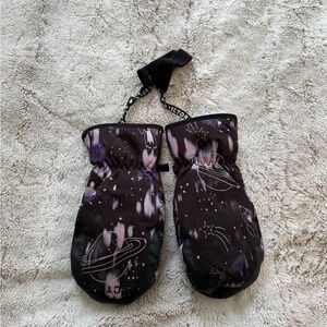 Space-Themed Ski Snowboard Black and Purple Mittens